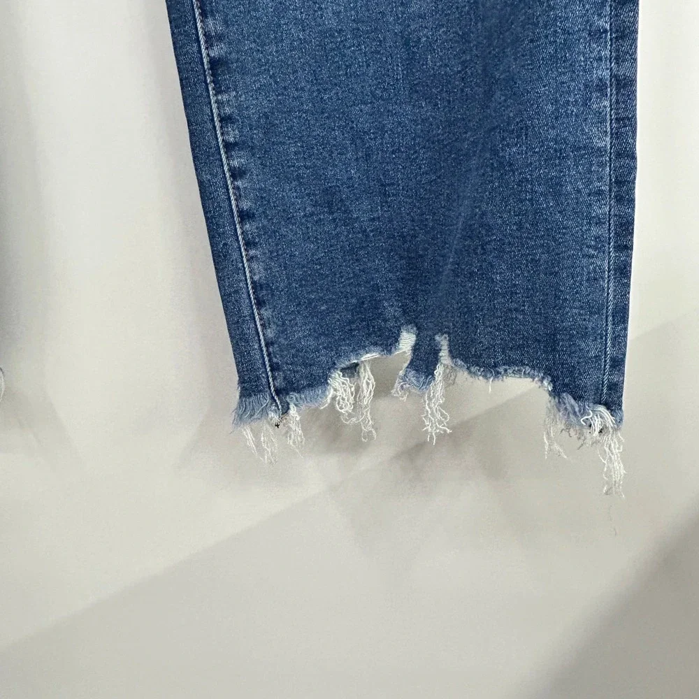 Mica Denim Super High Vintage Crop Flare Jeans 32 Medium Wash Distressed NWT